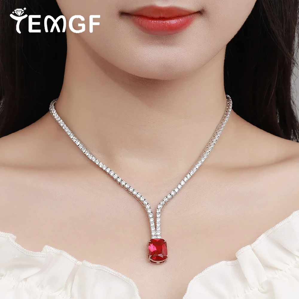 

TEMGF 12*16 мм кулон с рубином/сапфиром, ожерелье из стерлингового серебра S925, роскошная тонкая цепочка на шею, женская сверкающая модная цепочка