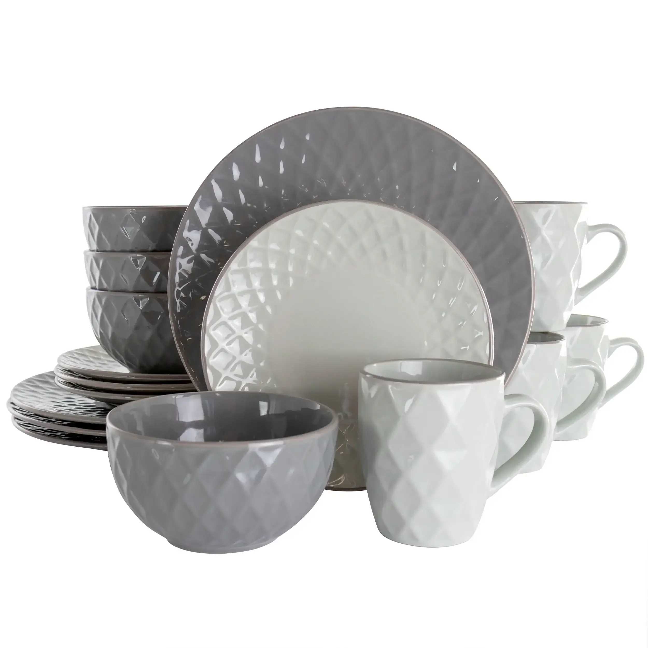 Tahitian Diamond 16 Piece Stoneware Dinnerware Set  In Slate and Pearl Dishes And Plates Sets