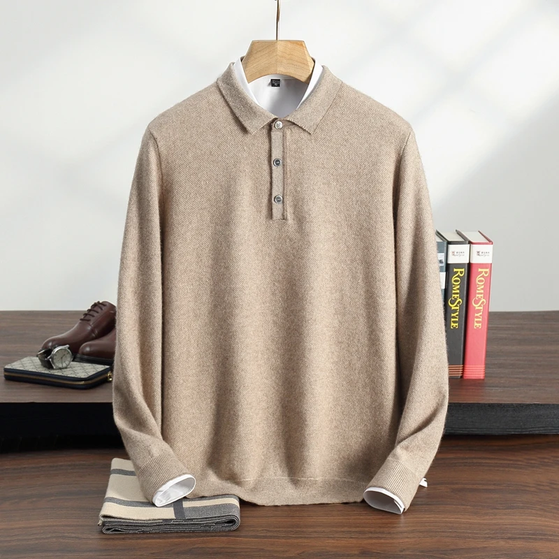 Men's 100% Cashmere Business Polo Collar Pullover Classic Fashion Long Sleeve Sweater Autumn Winter Casual Versatile Knit Top
