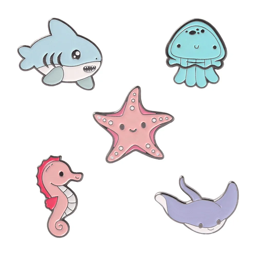 Cartoon Marine Animal Alloy Brooch Starfish Seahorse Shark Jellyfish Clothing Shirt Decoration Accessories Gift Badge Pins Toy