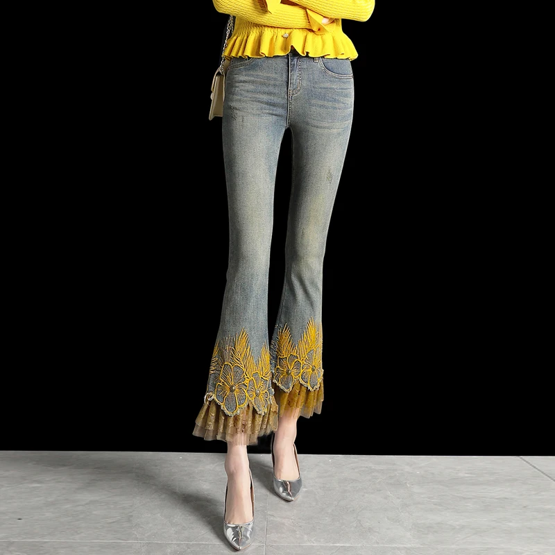 Spring Summer Women Stretchy Embroidery Yellow Flower Lace Patchwork Flare Jeans Pants , Woman Korean Fashion Denim Trousers