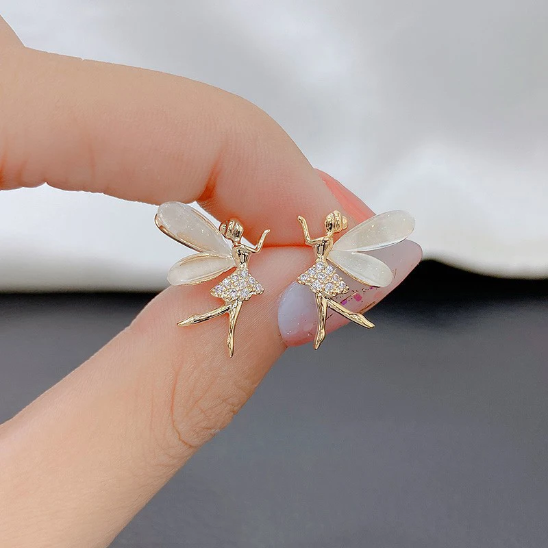 1Pair Fashion Cute Flower Wings Elf Stud Earring For Women Girls Design Zircon Fairy Exquisite Earring Jewelry