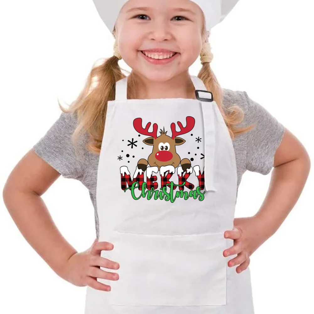 Merry Christmas Deer Print Baking Children\'s Apron Xmas Kids Baking Apron Mini Chef Gift for Child Christmas White Bakers Apron