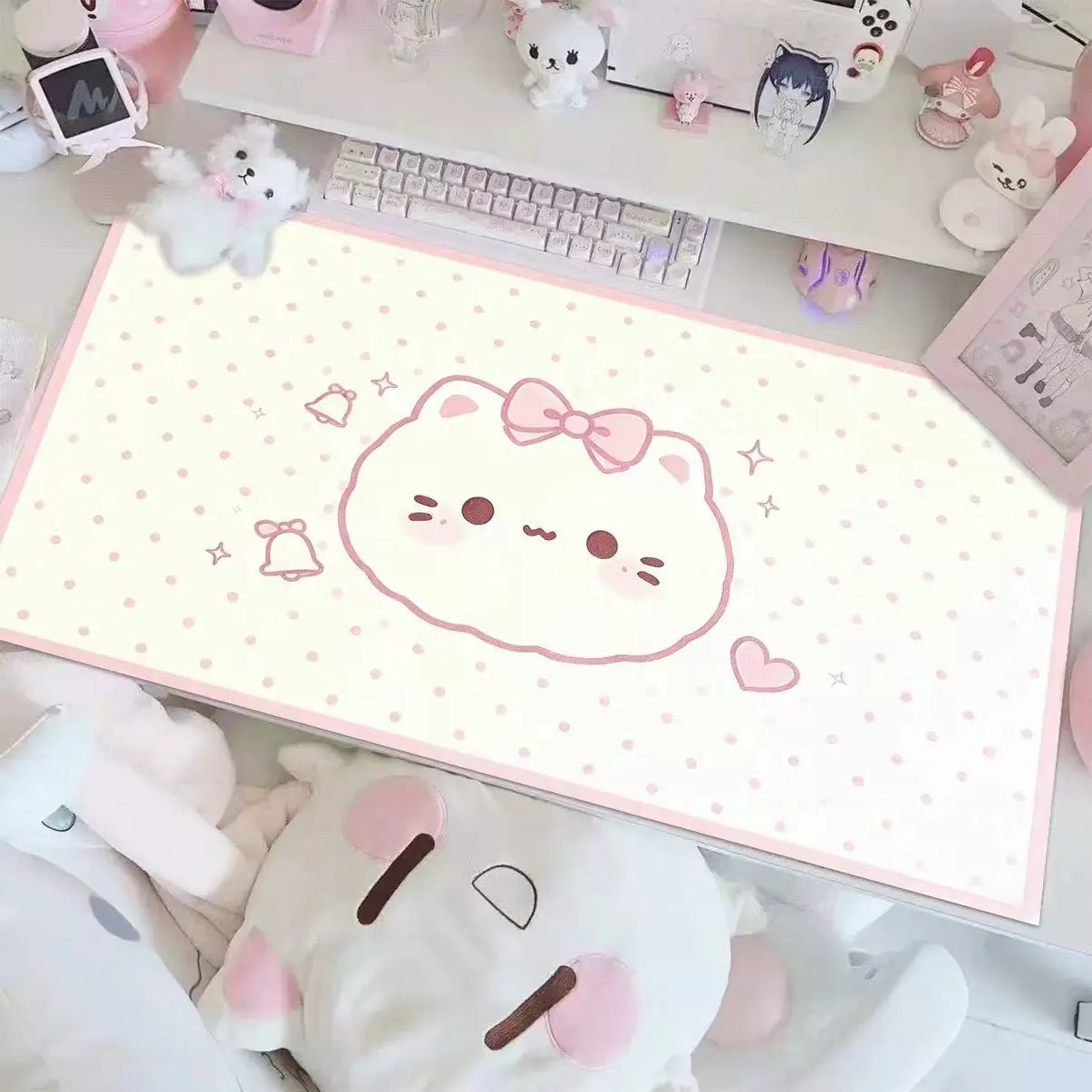 Cute Cartoon Polka Dots Cat PU Leather Desk Pad Mouse Protector Large Mouse Pad Home Office Game Desk Mat Pc Laptop Keyboard Mat