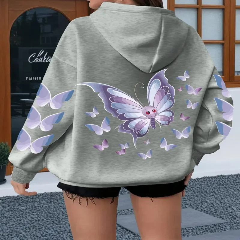 Butterfly Printed Casual Hoodie Pullover With Womens Fall And Winter Wear Hooded Collar Large Size Comfortable Fit Sweatshirt