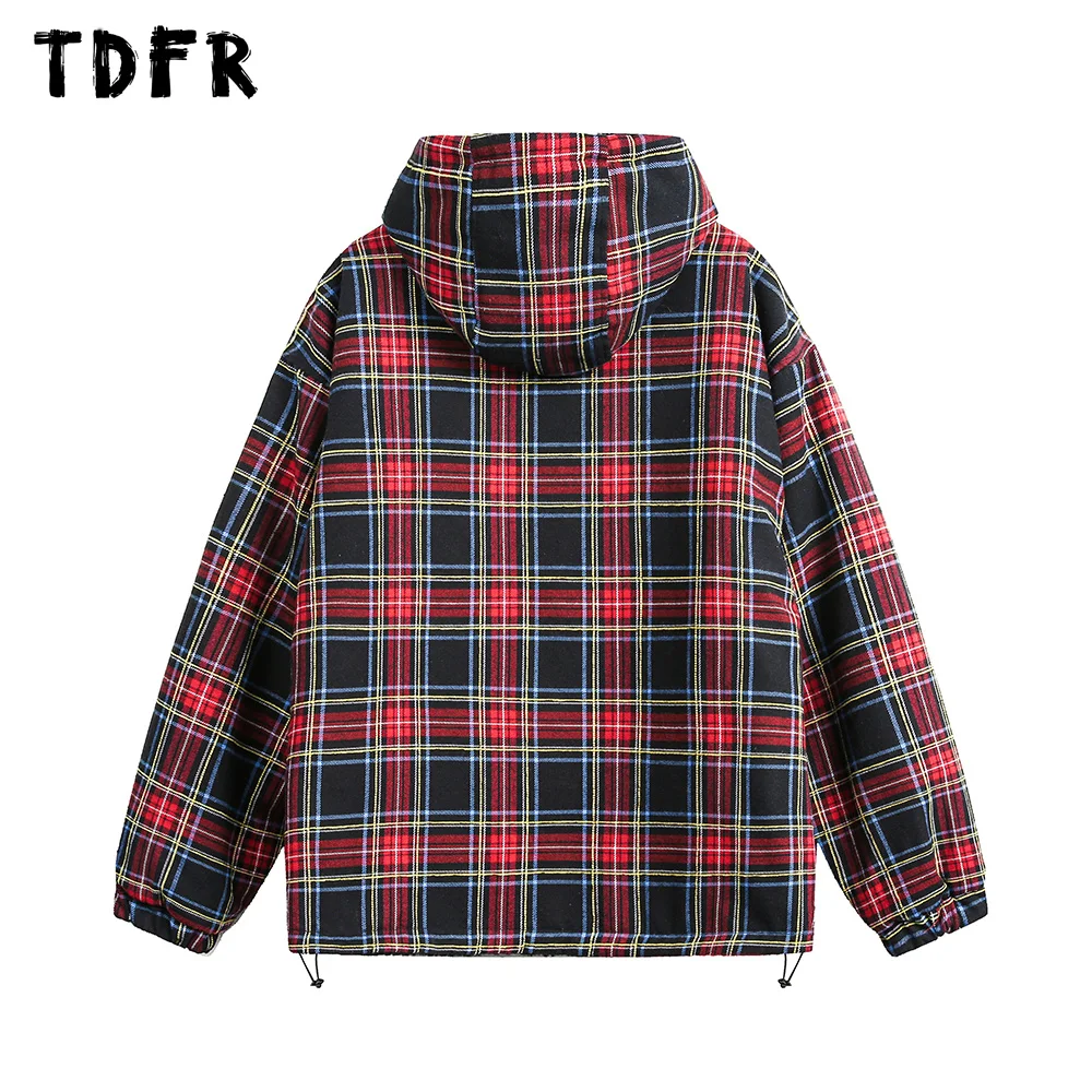 Double-sided Plaid Padded Jacket Mens Retro Streetwear Winter Loose Drawstring Hem Long Sleeve Hooded Thick Outerwear Men