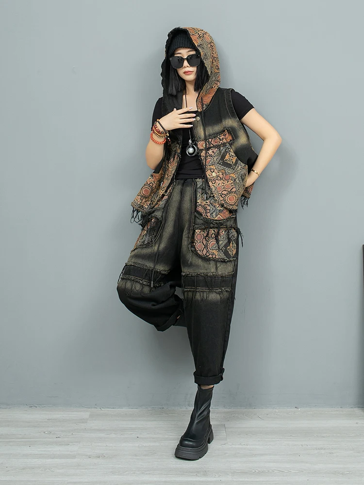 Personalized Vintage Printed Denim Hooded Irregular Vest Women 2024 Autumn LX2347