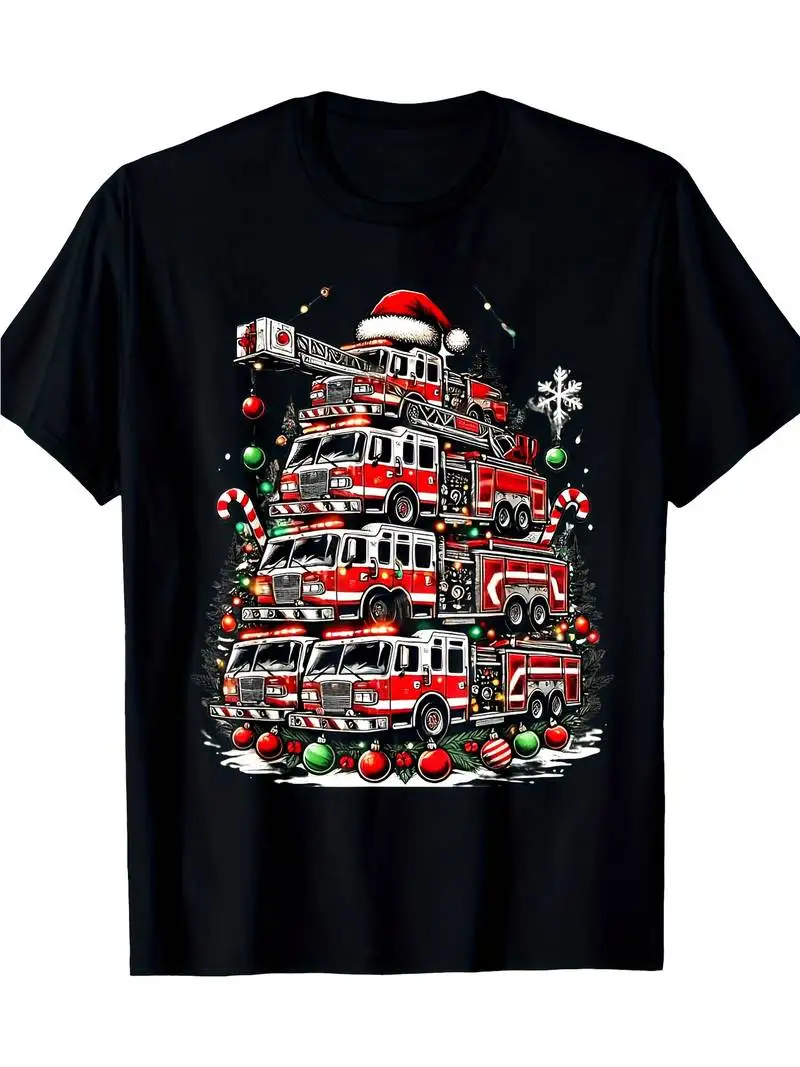 Firefighter Fire Truck Christmas Tree Lights Santa Fireman T-Shirt Casual Short Sleeve Tee Soft Comfortable Machine Washable