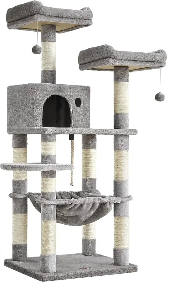 

FEANDREA Cat Tree, Cat Tower for Indoor Cats, 56.3-Inch Cat Condo with Scratching Posts, Hammock, Plush Perch, Light Gray UPCT15