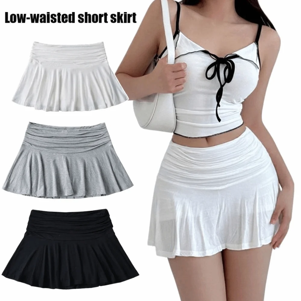Built in Shorts Women Low Rise Skirt Draped Front Flared Hem Safety Shorts Skirt Soft Touch Solid Color Spring Summer Streetwear