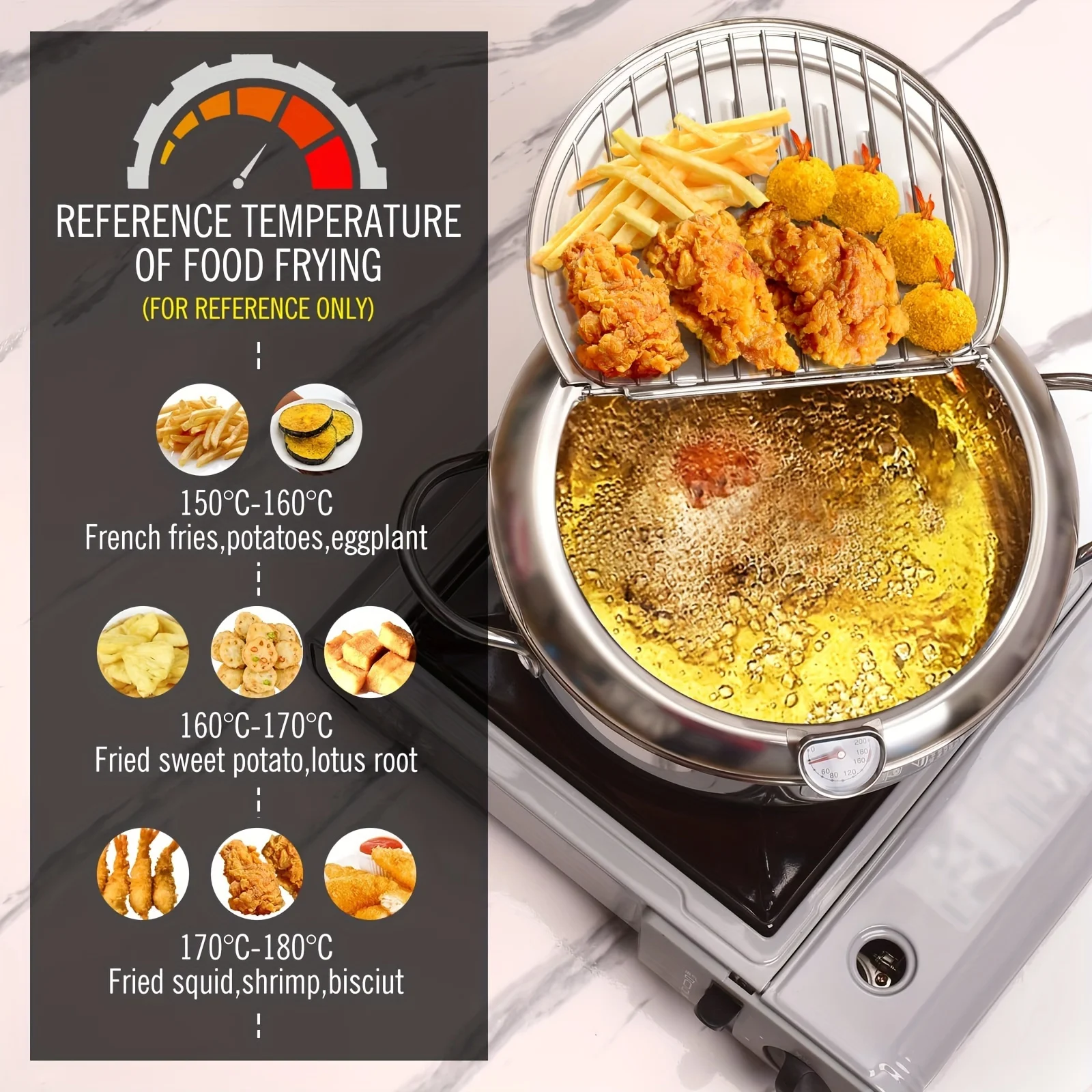 Large Stainless Steel Deep Fryer Pot with Thermometer - Ideal for French Fries, Chicken - Gas & Induction Stove Compatible - Dur