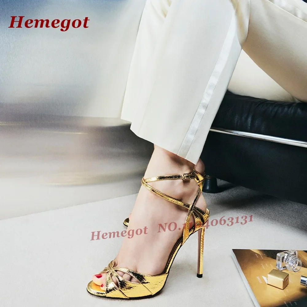 

Gold Cut Out Slingback Sandals Peep Toe Glossy Cross Buckled Women's Sandals Summer 2025 New Stiletto Heels Luxury Party Shoes