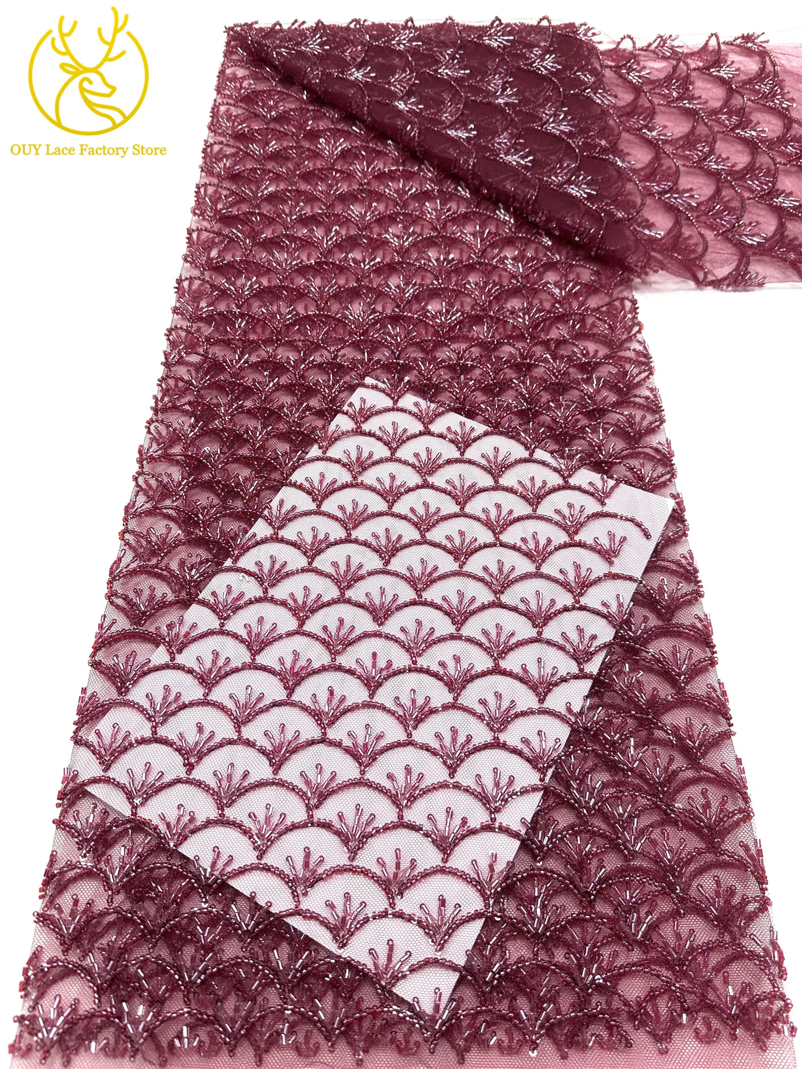 Rosa Neues Design Handgefertigter Perlen-Spitzenstoff Französischer Hochzeitsstoff Nigerianischer Pailletten-Perlen-Stickerei Tüll-Spitzenstoff – Detail 14