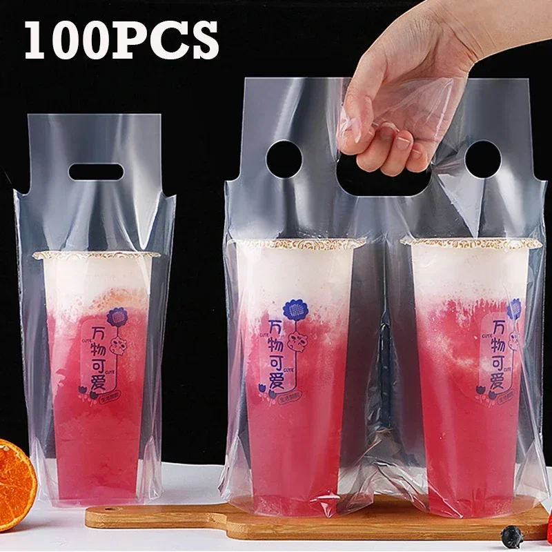 100pcs 500-700ml Clear Plastic Packaging Bag Single/Double Cup Coffee Take-away Bags Milk Tea Beverage Tote Bag Party Supplies