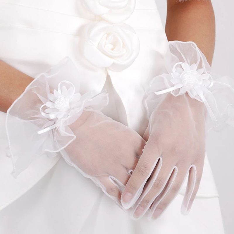 Women Ruffled Tulle Mesh Gloves Wedding Party Glove Short Prom Evening Lace Glove Formal Bridal Banquet Opera Dress Accessories