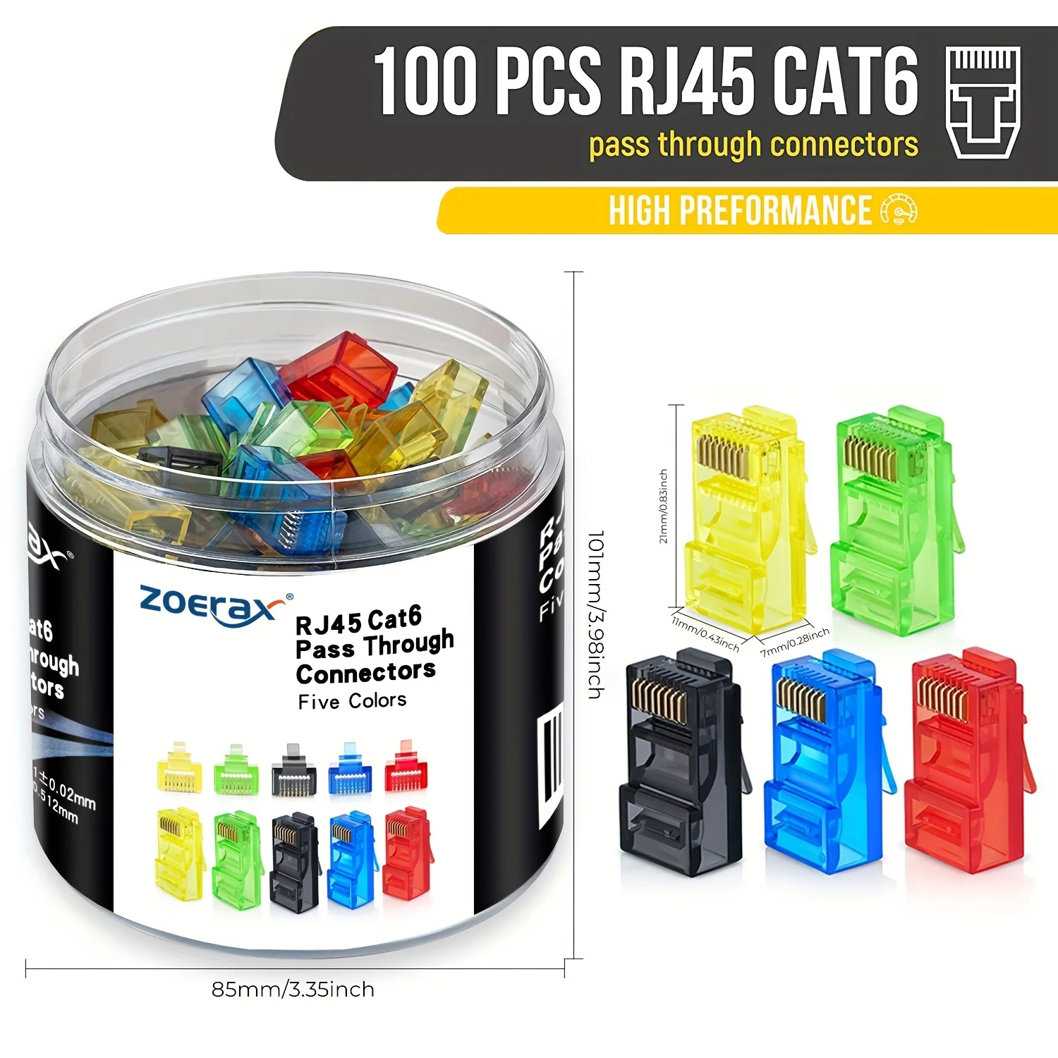 ZoeRax 100Pcs RJ45 Cat6 Connectors Pass Through, Assorted Colors (20pcs/color), EZ to Crimp Modular Plug Bottled