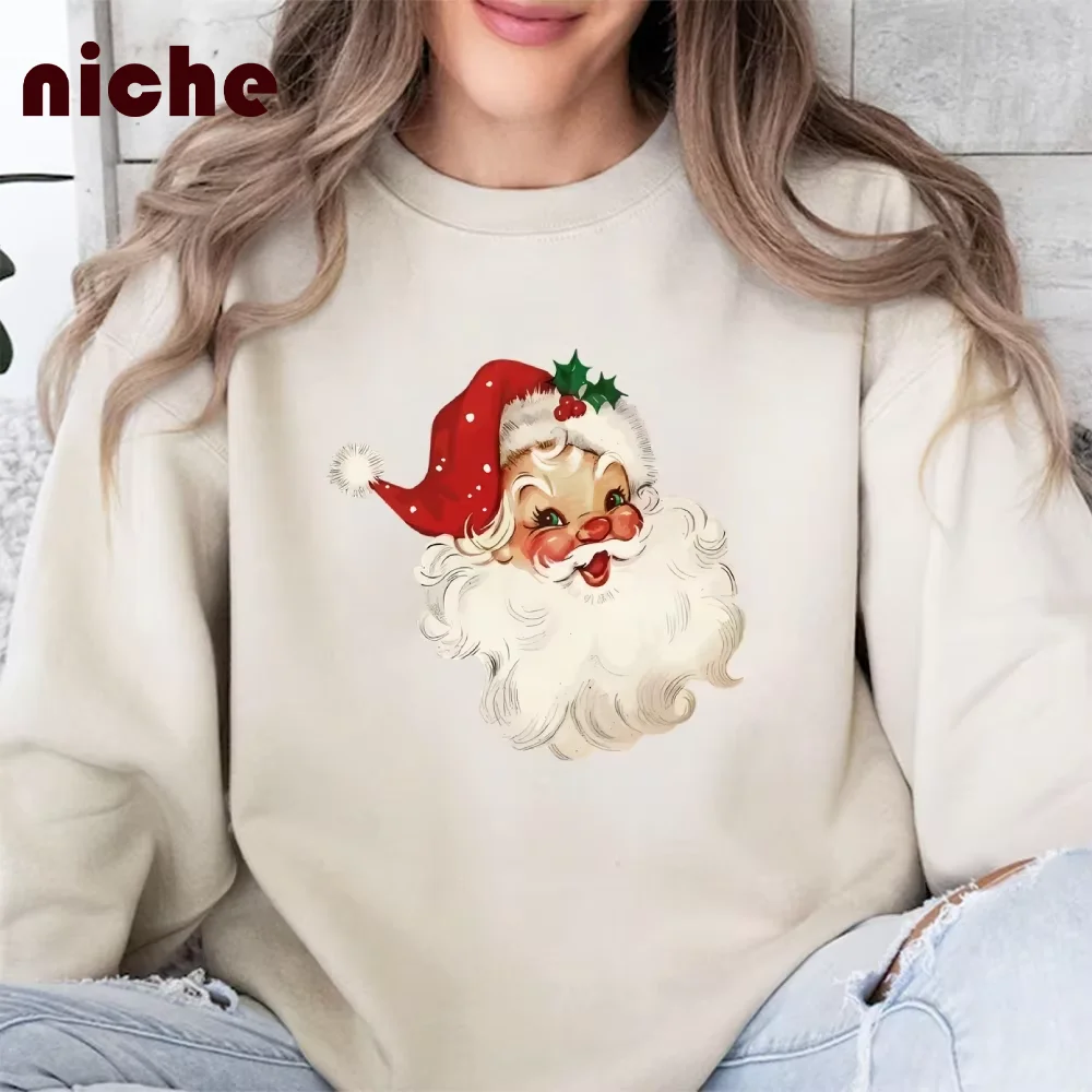 

Ladies Sweater Hoodie Christmas Style Santa Graphic Print High Quality Soft Fabric Loose Shoulder Pullover New Sweatshirt