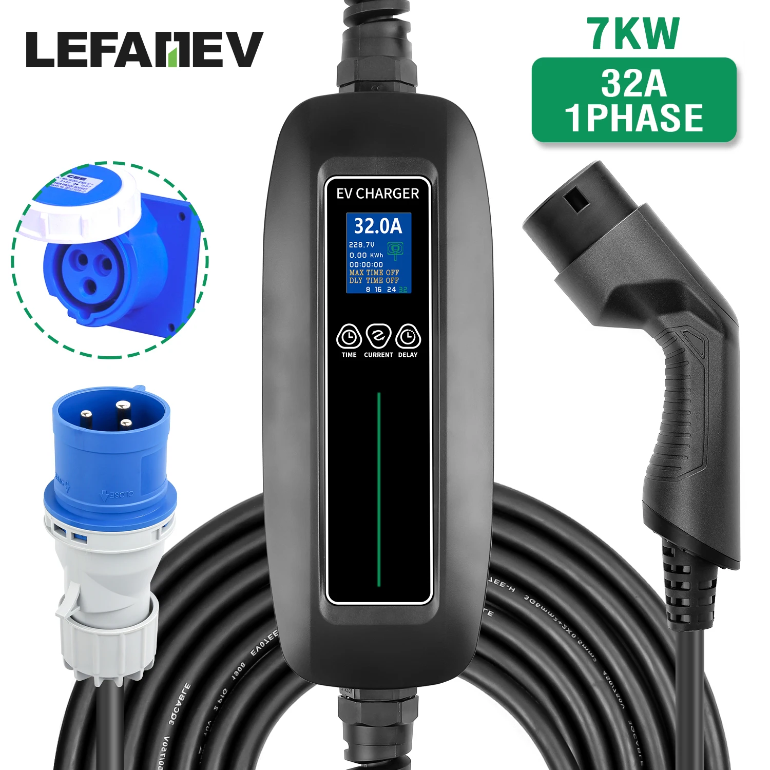 

32A 7KW Portable EV Charger Type2 CEE Plug Electric Vehicle Car Charger Charging Case 1 Phase Fast Charging EVSE Cable 7.6M