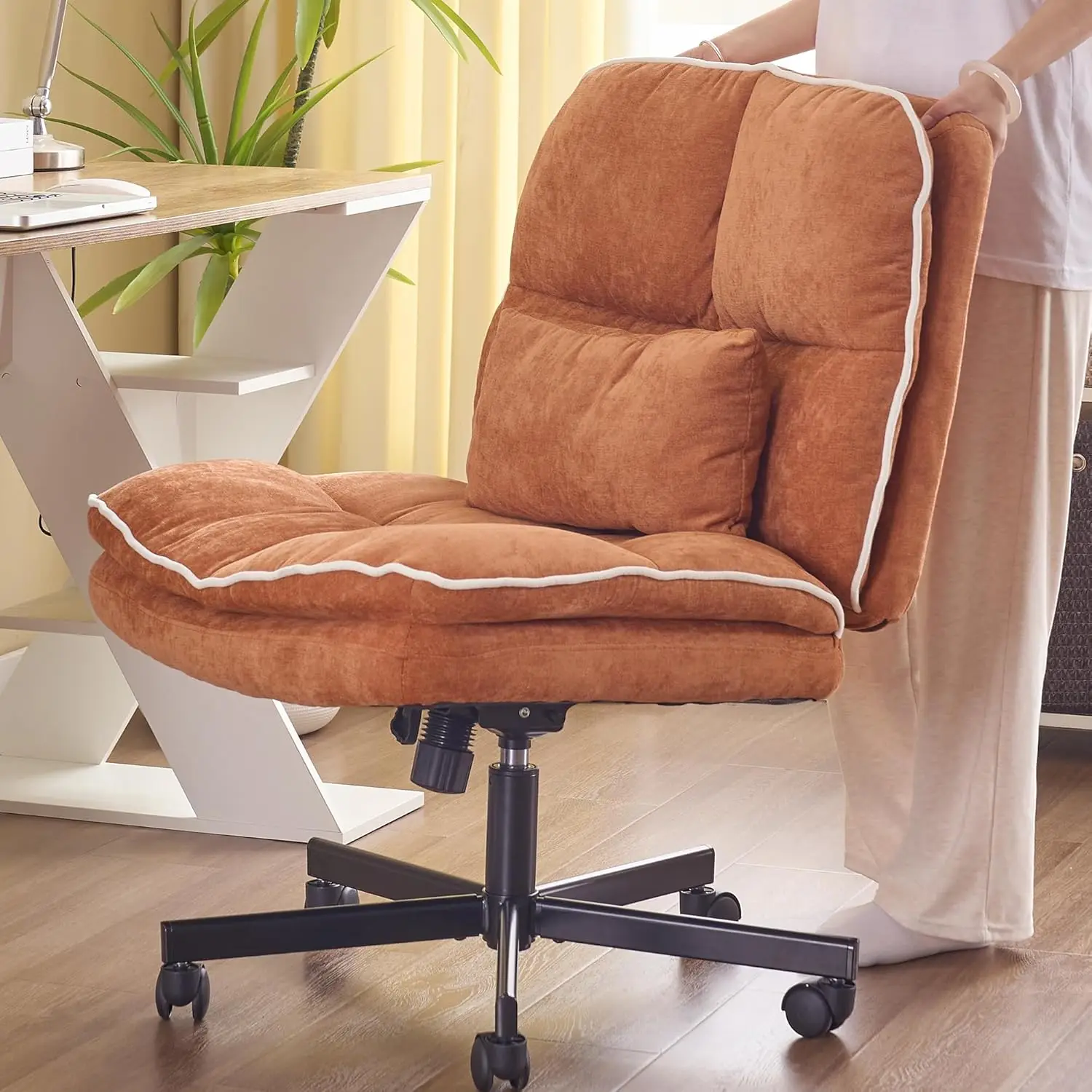 Armless Office Chair, Criss Cross Legged Desk Chair With Wheels, Modern Orange Home Office Desk Chair With Thickened Cushion,