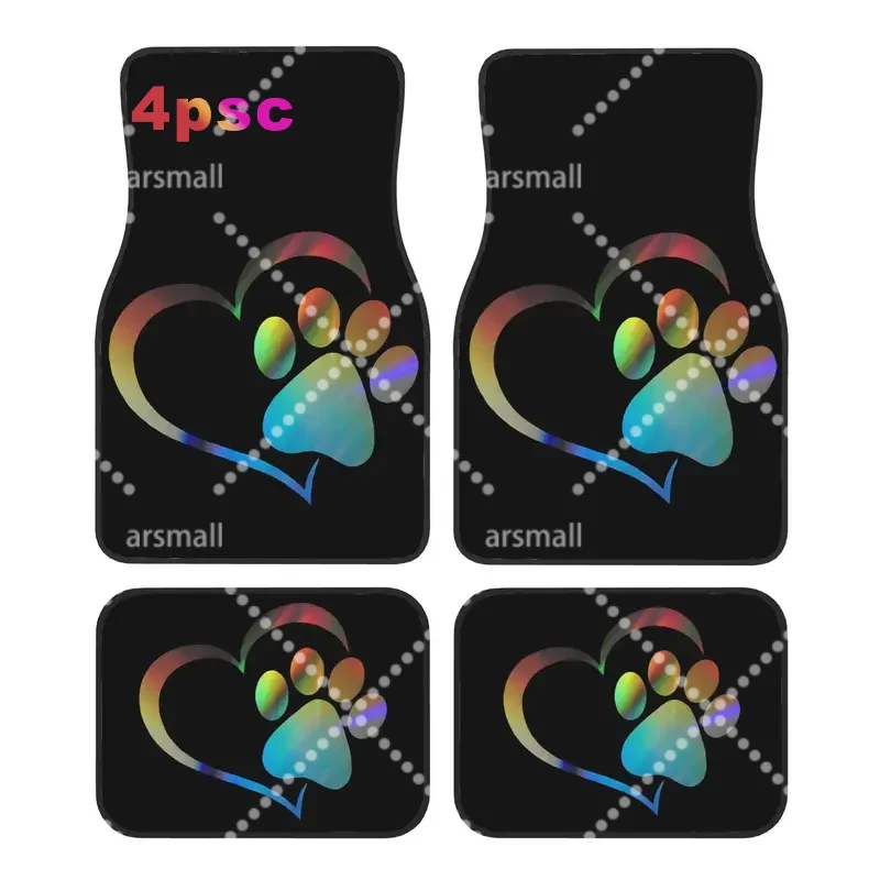 Set Of 4 Holographic Car Floor Mats Featuring Heart And Paw Print Design - Easy To Clean Interior Additions | Fits Most Vehicles