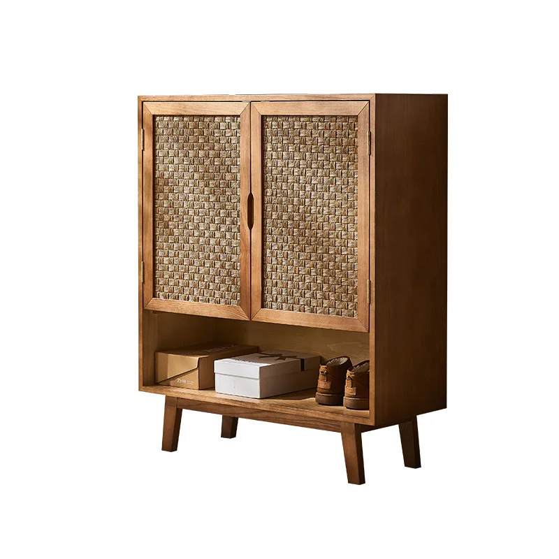 

Japanese-style solid wood shoe cabinet small household entrance ultra-narrow storage cabinet retro ash wood rattan tipping bucke