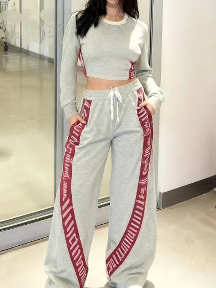 

Nibber Sporty Contrast Stripe Design 2 Piece Set Women o-Neck Full Sleeve Crop Tops+Drawstring Long Pants Casual Style Suits