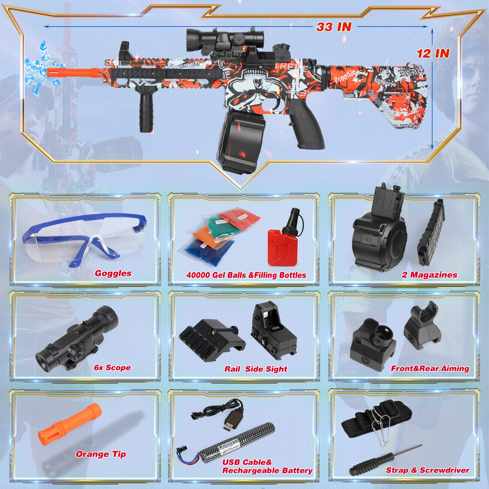 Pistola eléctrica de chorro de bolas de gel, modos automáticos/manuales, pistola de bolas de salpicaduras M416 con gafas y 40000 cuentas de agua no tóxicas