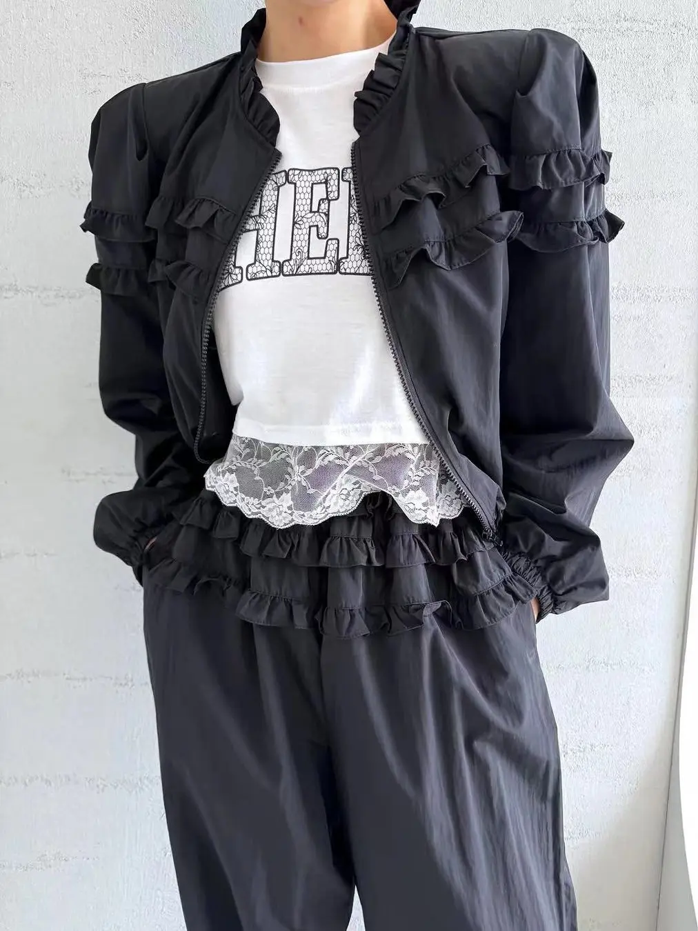 Giacca a vento ampia Bubble Sve da donna Jaet Zipper Splice Pantaloni casual Set Anti-età Poliestere versatile Primavera Faion