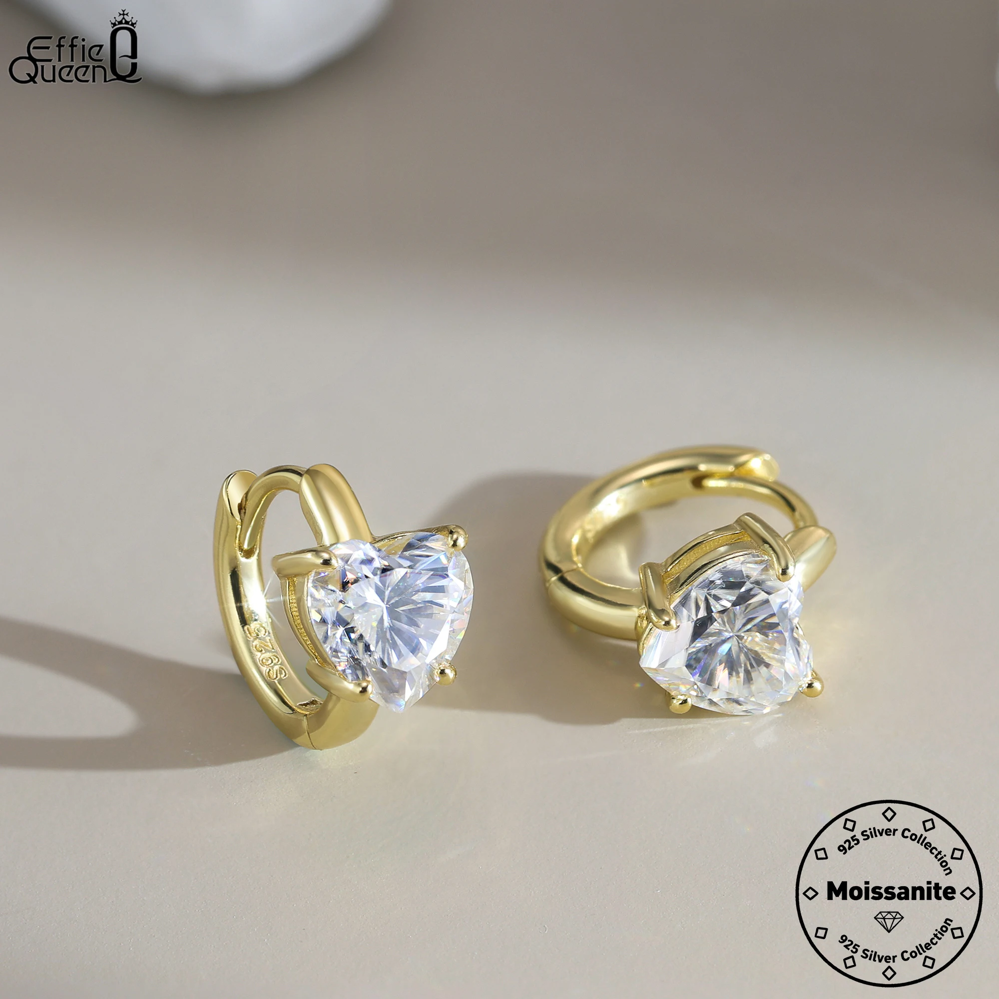 

Effie Queen 925 Solid Sterling Silver 14k Gold Heart Cut Moissanite Hoop Earrings Romantic Jewelry for Women Wedding Party MOE21