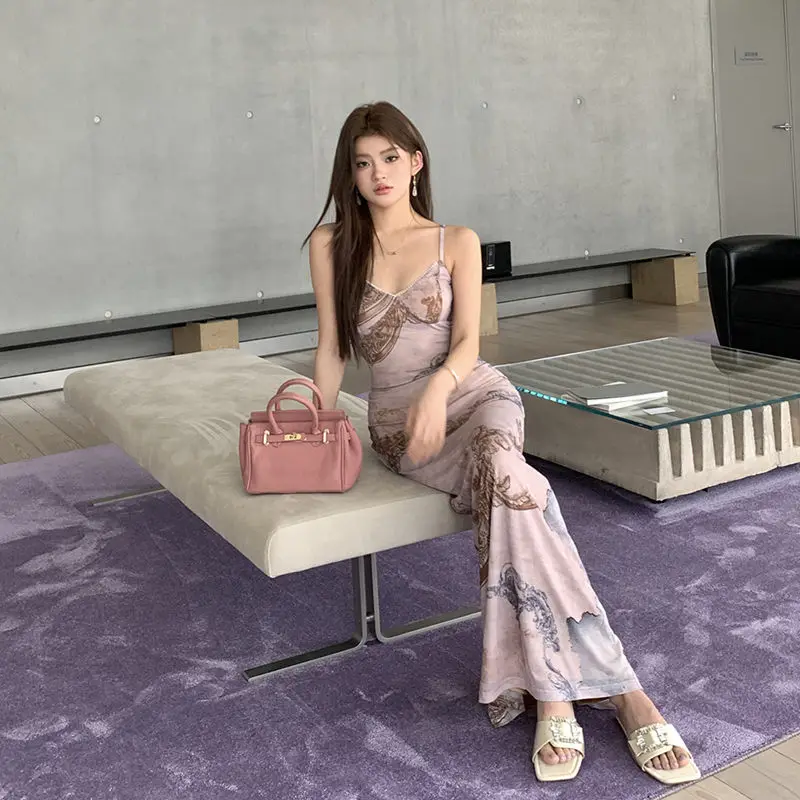 Summer 2025 Prethoracic Lace Embellished Printed Skirt Elastic Mesh Halter Dress Slimming Comfortable Waist New Arrivals