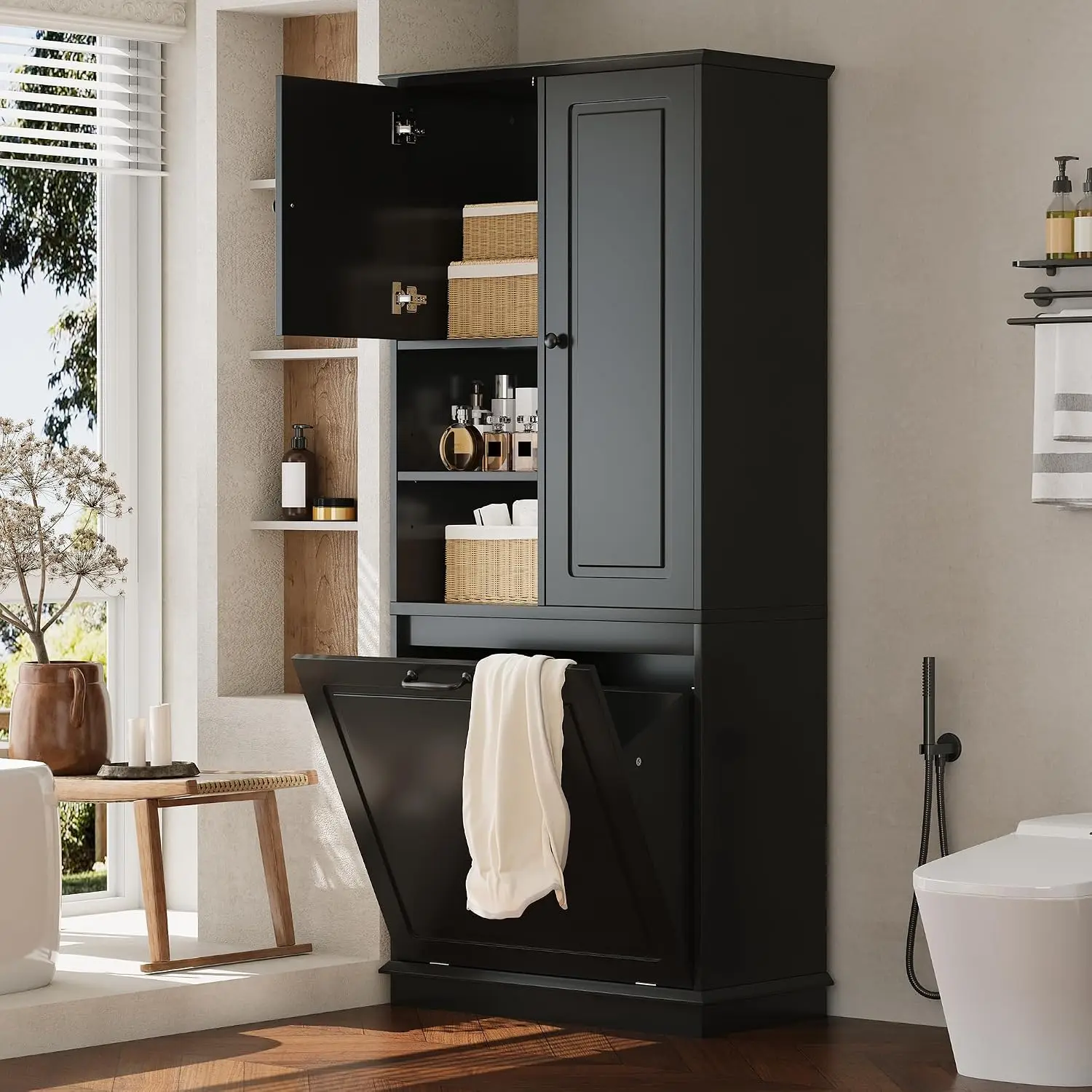 68" Tall Bathroom Storage Display Cabinet with 2 Doors & Built-In Laundry Hamper, Multi-Purpose Organizer with Adjustable Inner Shelf for Household Use Gray view 3