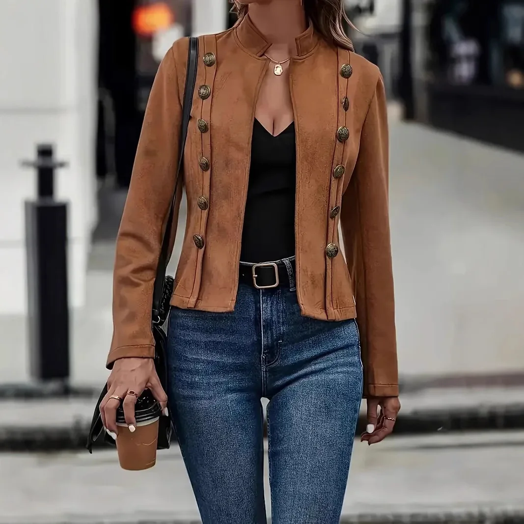 2024 Pure Color Double Breasted Decorative Jacket New Style Deer Skin Velvet Retro Long Sleeve Outerwear Street Style Slim Fit