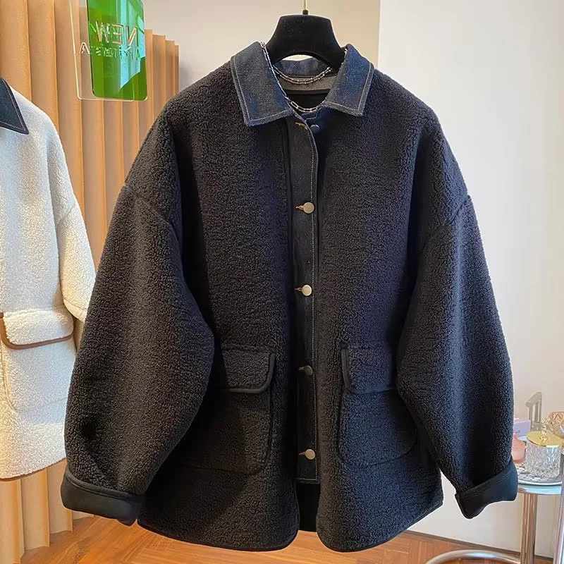 Denim Spliced Lamb Wool Jacket 2025 New Korean Loose Long Sleeved Top Women's Autumn Winter Single Breasted Lapel Warm Coat