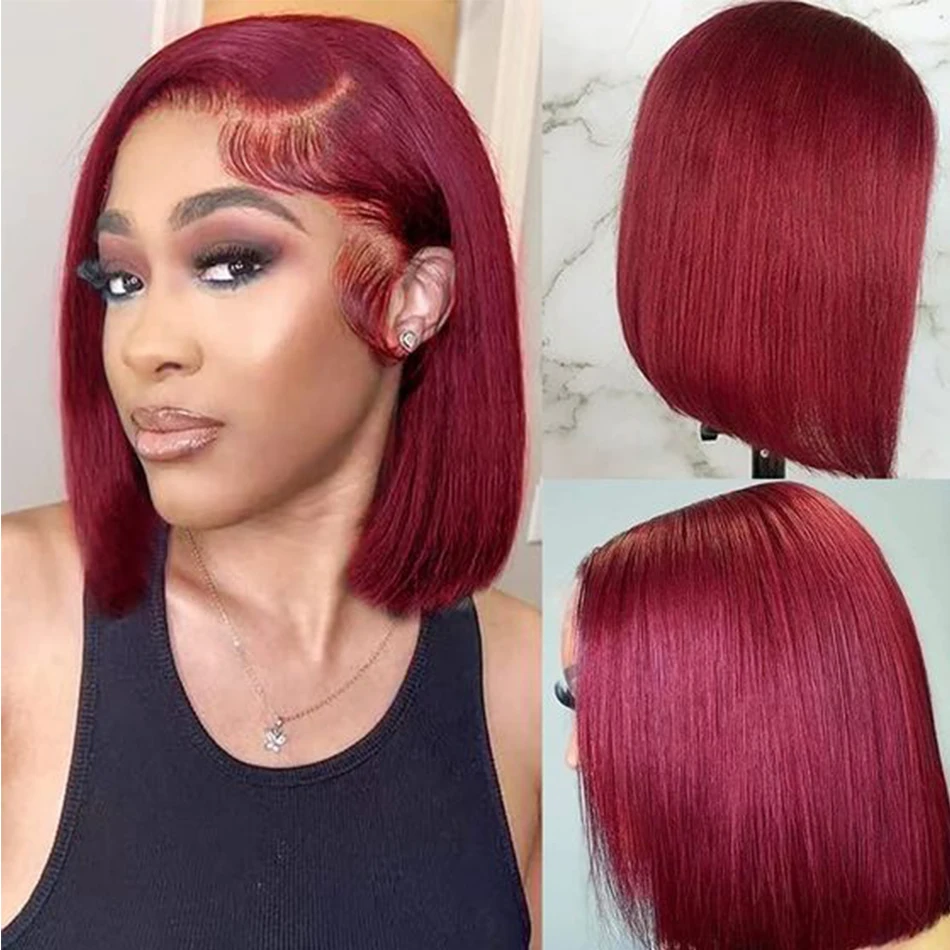 

99J 13x4 Burgundy Short Bob wig 4x4 Pre Plucked Glueless HD Lace Frontal Wigs Human Hair For Women