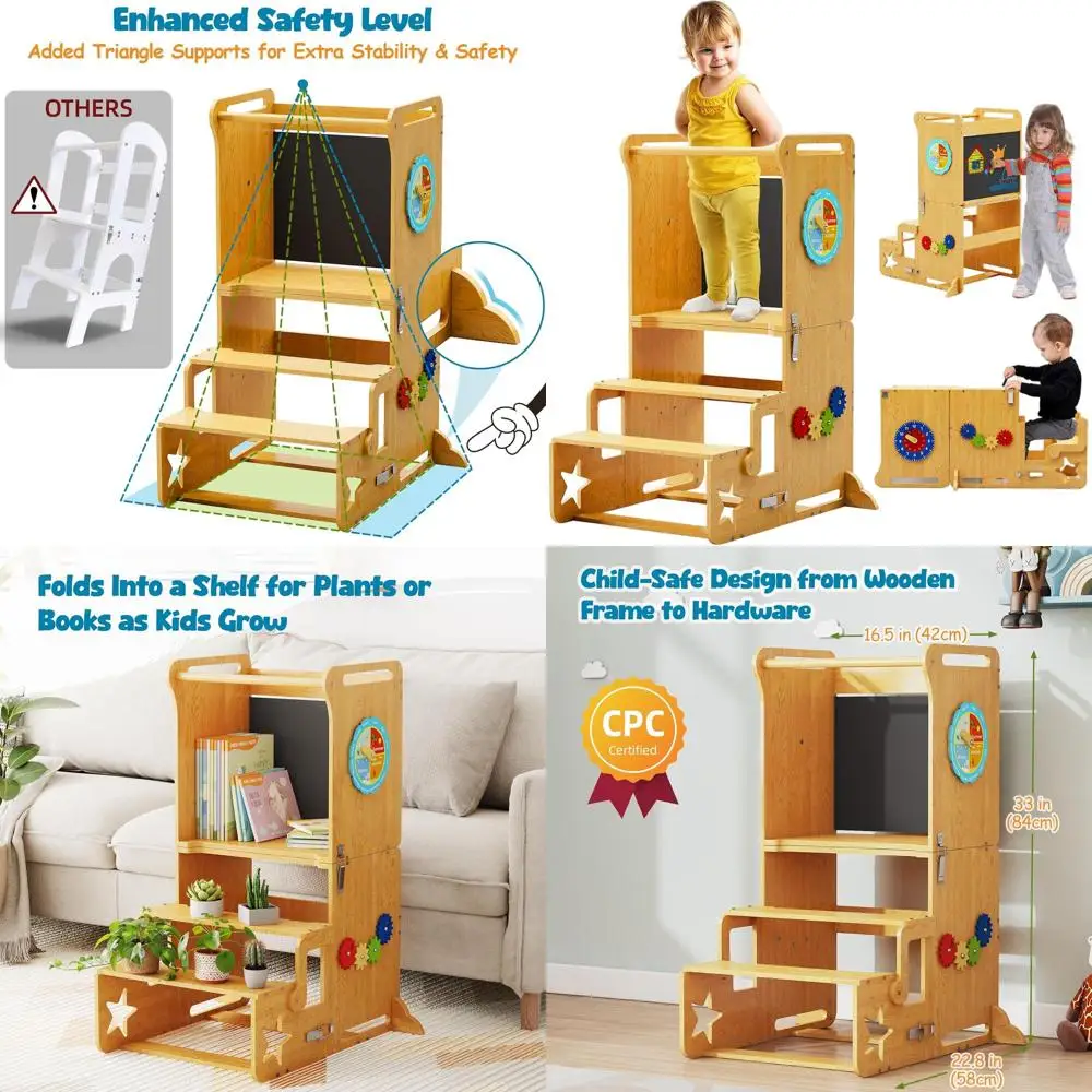 Aiutante da cucina pieghevole per bambini ad altezza regolabile, converte al tavolo e sullo scaffale, incoraggia l'autufficienza nei lavori quotidiani