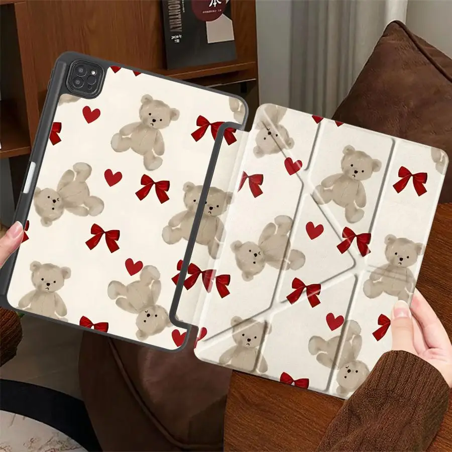 

Cute Bear Bow Holder Cover Tablet Case For iPad Mini 6 7 Air 4 5 M3 M2 M4 11inch Pro 2025 Pro 11th 10th 9th 8th 7th 12.9inch