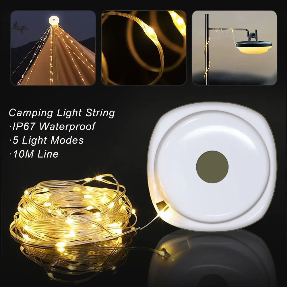 Portable Camping Lights 2 in 1 USB Rechargeable Outdoor String Lights 5 Modes Adjustable Brightness String Light For Yard Garden