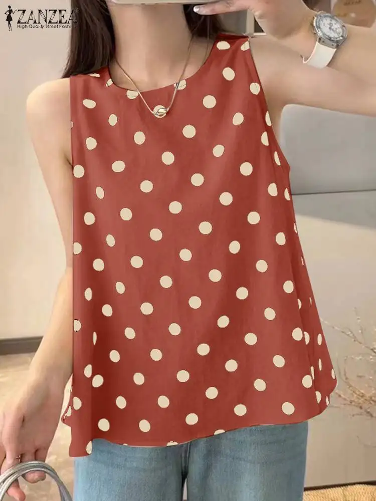 ZANZEA Summer Elegant Sleeveless Tank Tops Polka Dots Printed Women Blouse Fashion Holdiay Shirt Casual O Neck Loose Blusas 2024