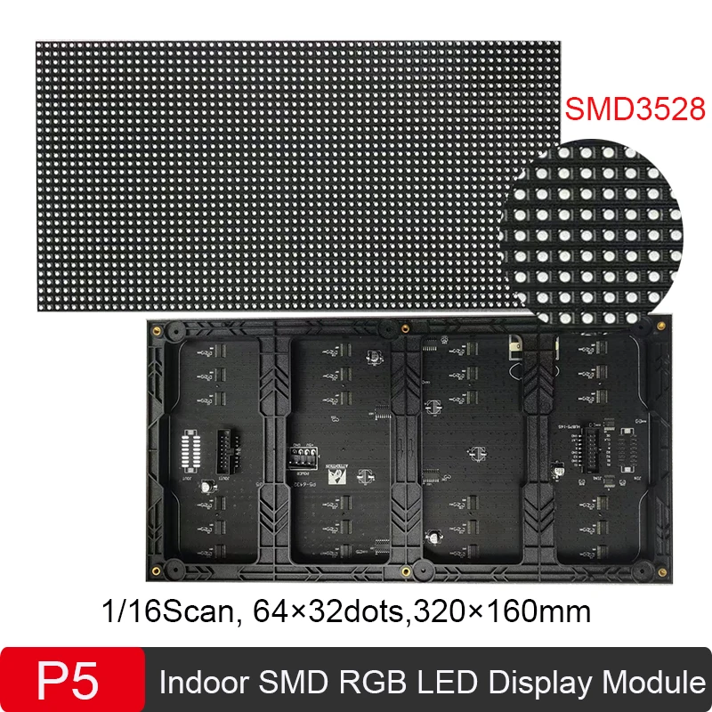 P5 Indoor RGB SMD3528 LED Screen Module 320*160mm 1/16Scan 3-in-1 LED Advertisement Display Module 64*32dot Full Color LED Panel