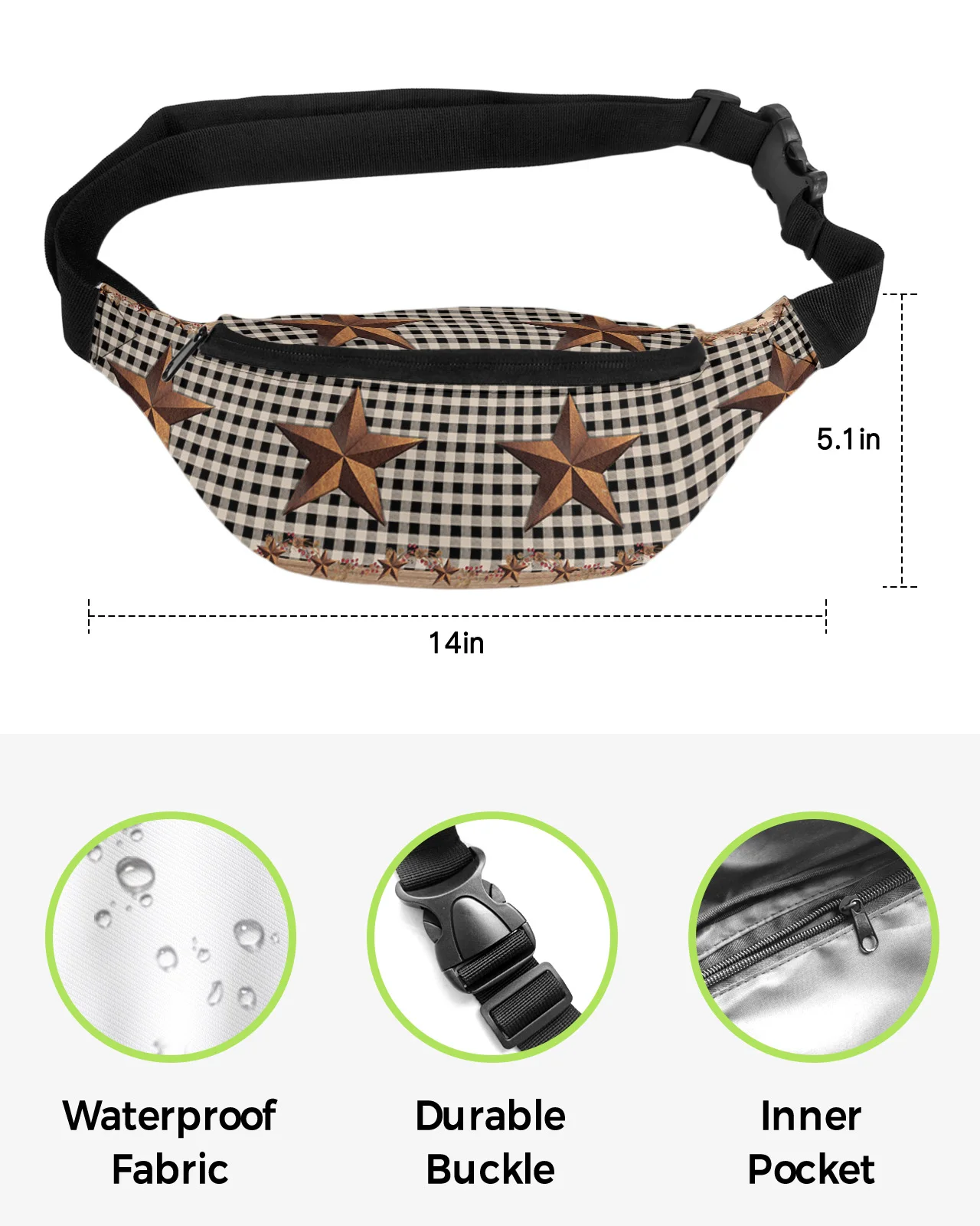 Country Style Black Plaid Country Star Waist Bag Women Men Belt Bags Large Capacity Waist Pack Unisex Crossbody Chest Bag