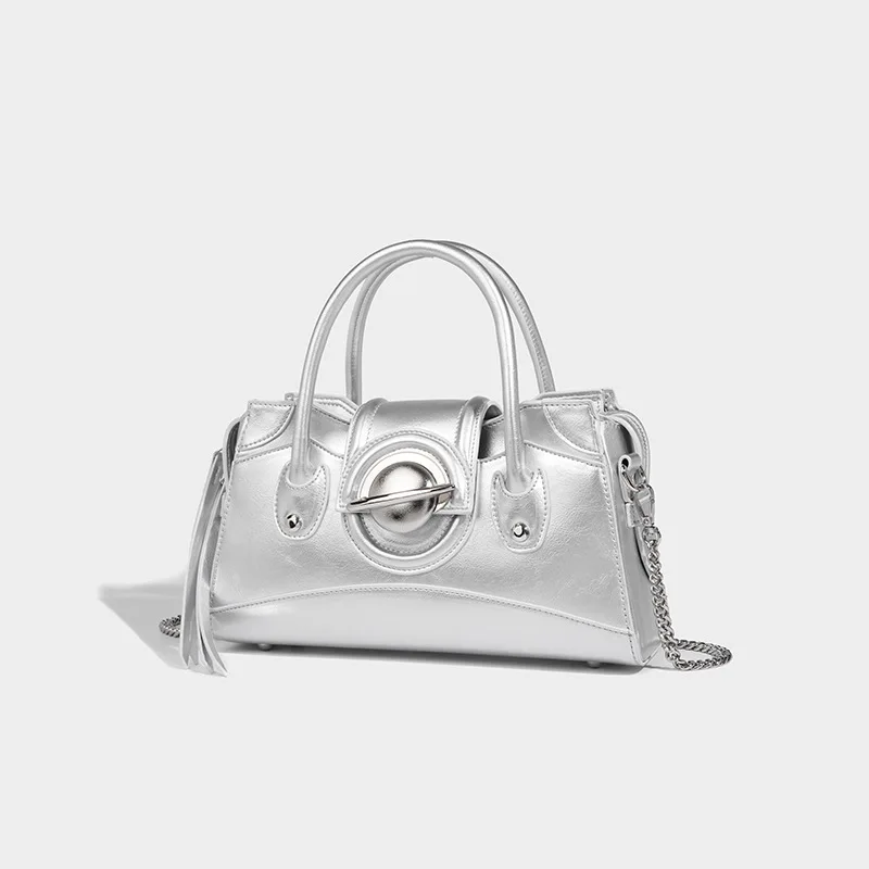 FIRMRANCH Unisex Trend Space Galaxy Locomotive Style Planet Lock Handbag Woman Shoulder Crossbody Bag Silver Chain Chic Purse