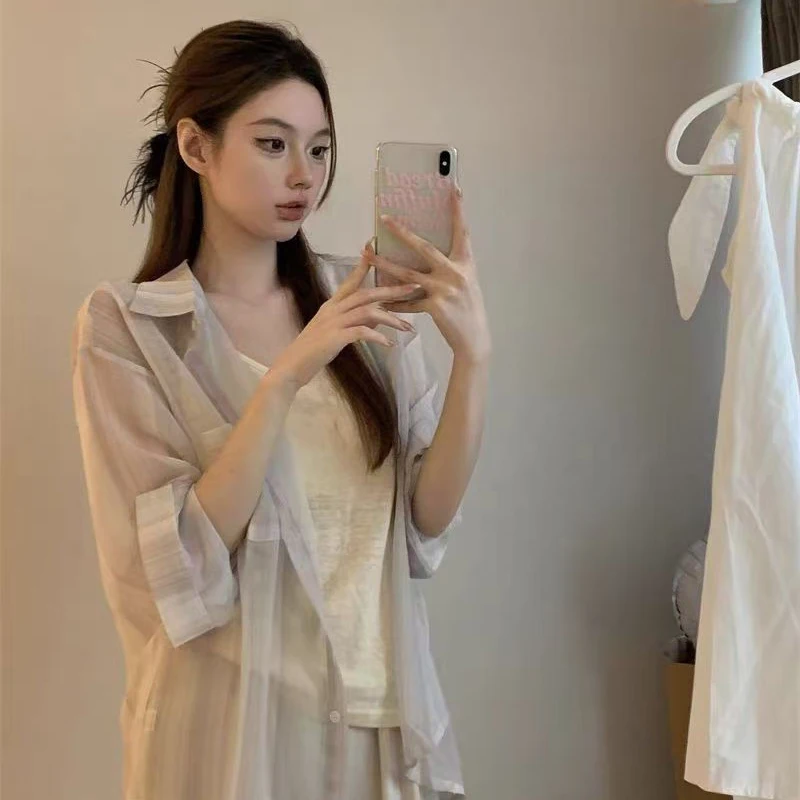 Summer Woman Clothes Long Sleeve Thin Outerwear Chic Sunscreen Shirt Elegant Striped Loose Korean Fashion Comfortable All-match