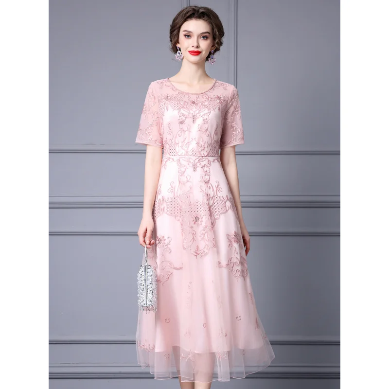 Pink Machine Embroidery Tulle Skirt2024New -End Refined Grace High Waist Dress Long Skirt Summer