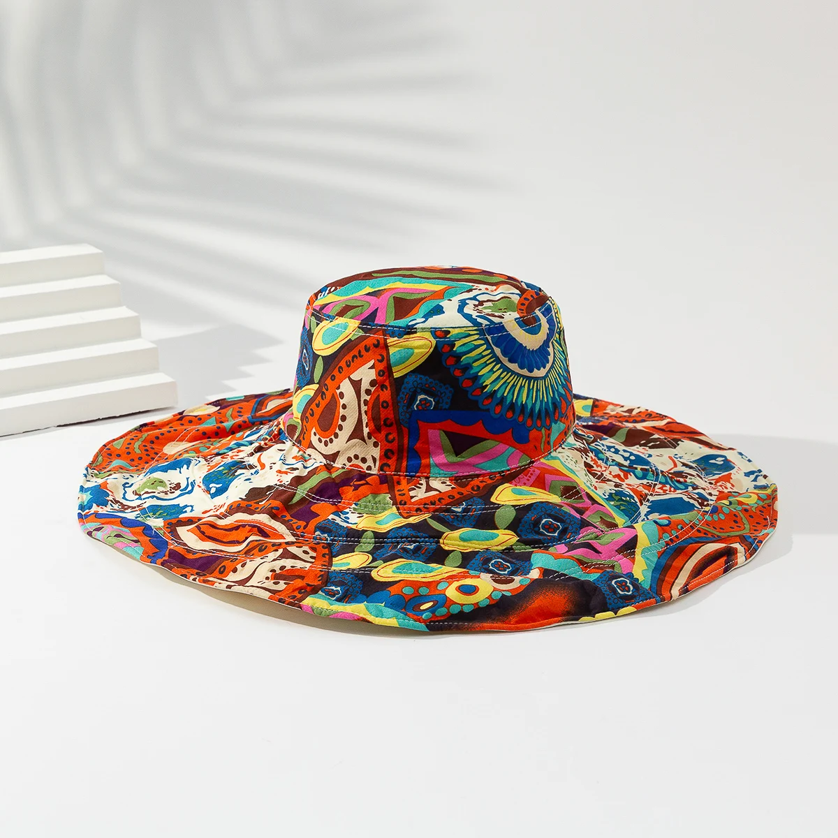 Trend full of colorful graffiti double-sided fisherman hat outdoor shade collapsible large brimmed sun hat suitable for beach va