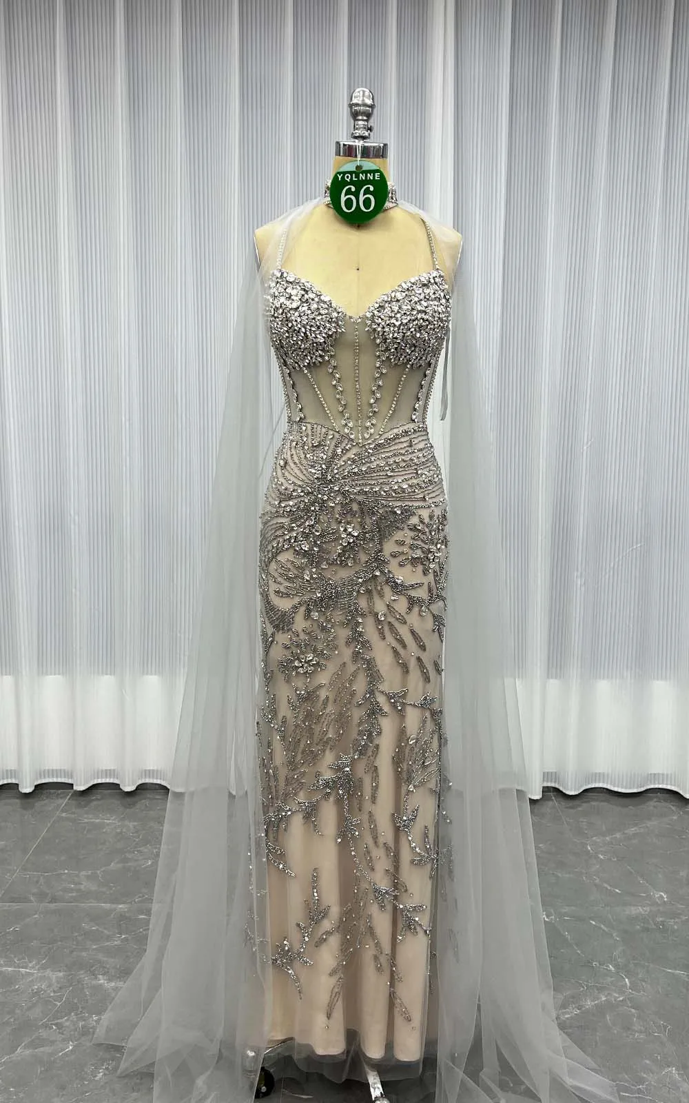 YQLNNE 066 Silver Nude Handmade Crystals Beaded Evening Dresses Formal Party Gown With Shawl