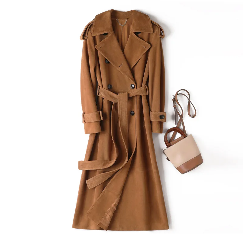 Jaqueta de couro genuíno feminina outono inverno duplo breasted terno colarinho cinto fino longo trench coat vintage pele carneiro camurça jaqueta