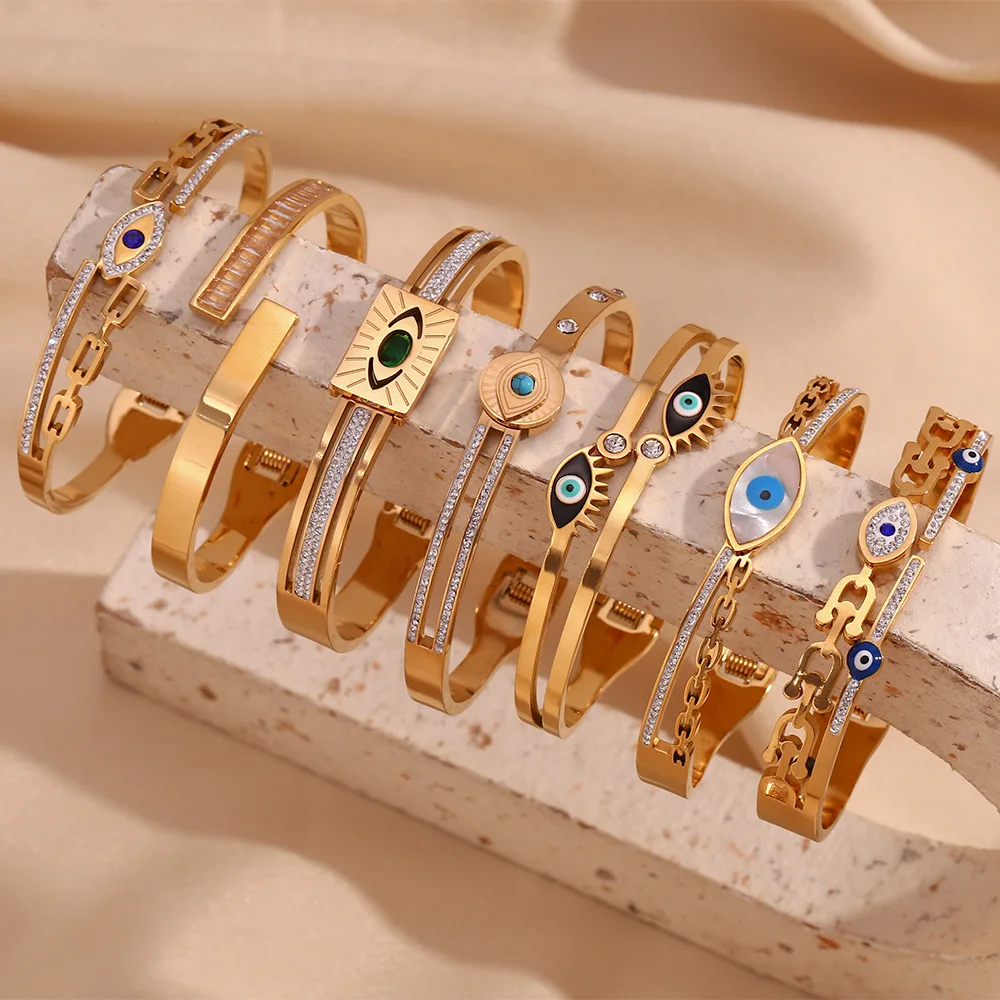 High Quality Stainless Steel Double Layer Inlay Zircon Devil's Eye Spring Buckle Bracelet Bangle Fashion Thick Textured Jewelry