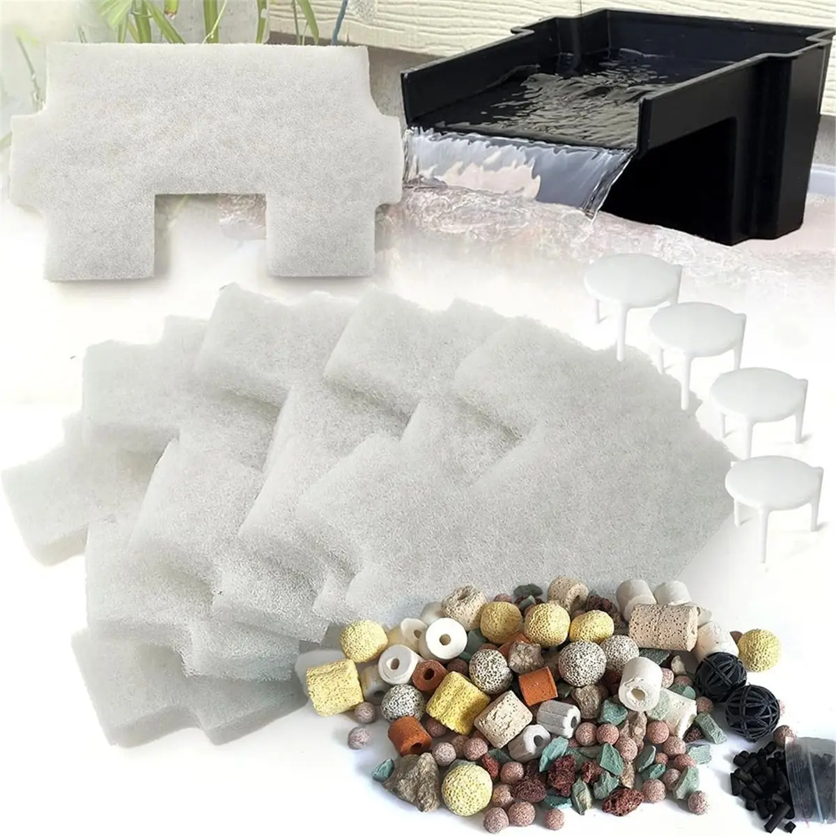 AA83 1set Pond Filter Media Set for Waterfall Spillway, Includes 6 Pond Filter Pads & 1 Pack of Ceramic Rings