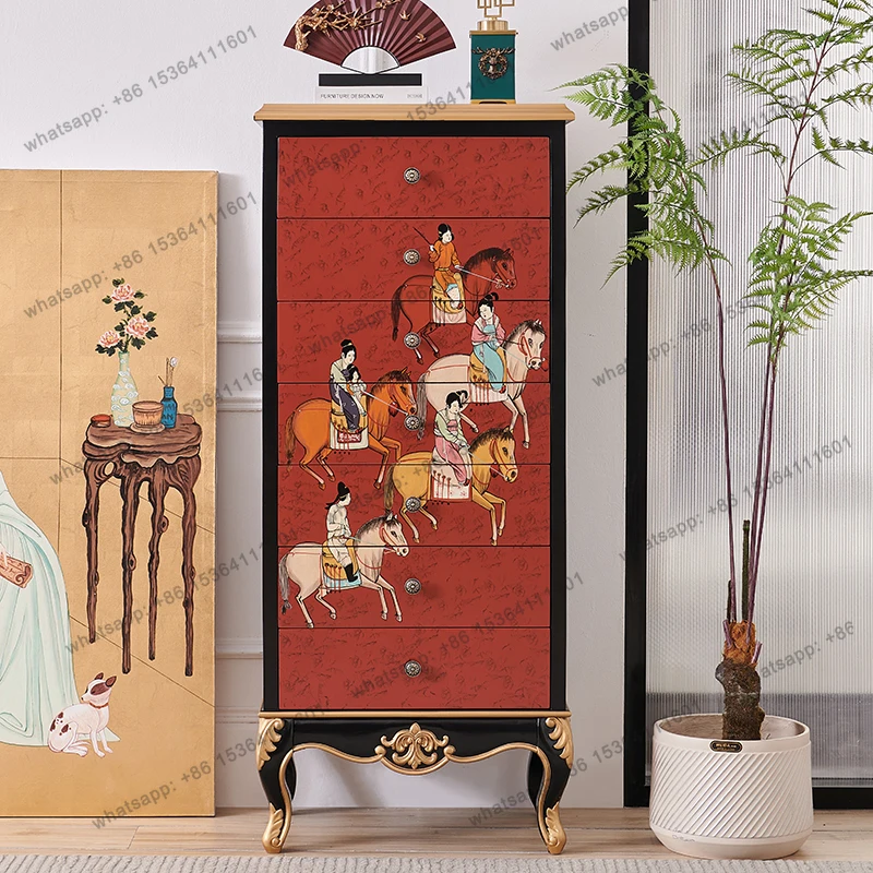 12Retro Style Red Solid Wood Five-Bucket Storage Drawer Cabinet Living Room Sofa Corner High Cabinet