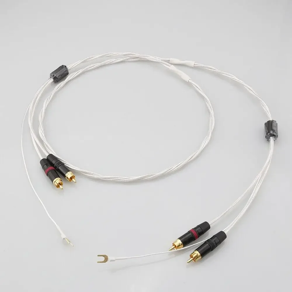 Hifi Verzilverde Tonearm Kabel 2rca Naar 2 Rca U Spade Plug Aarde Draad 24K Verguld Hifi Audio Phono Koord